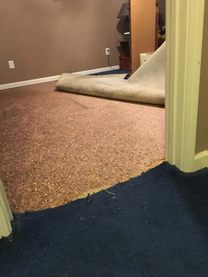 Carpet pad removal revealing water damage during Water Mitigation Services in Charlotte